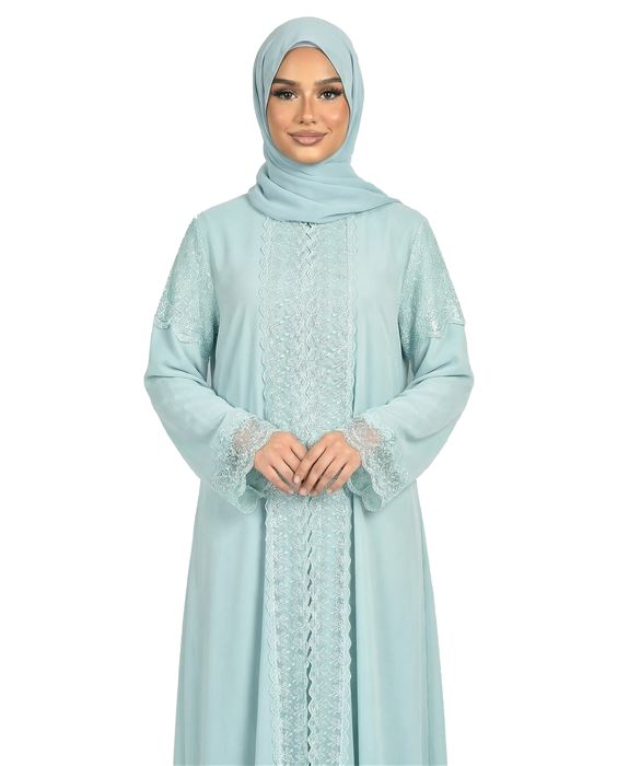 3 Piece Chiffon Abaya Set with Lace and Stone Detail — Malachite Green